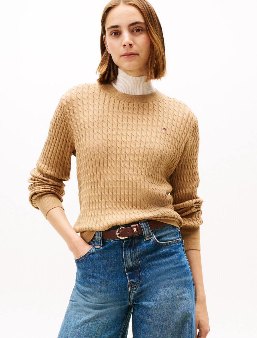 maglione girocollo in maglia a trecce sottili
