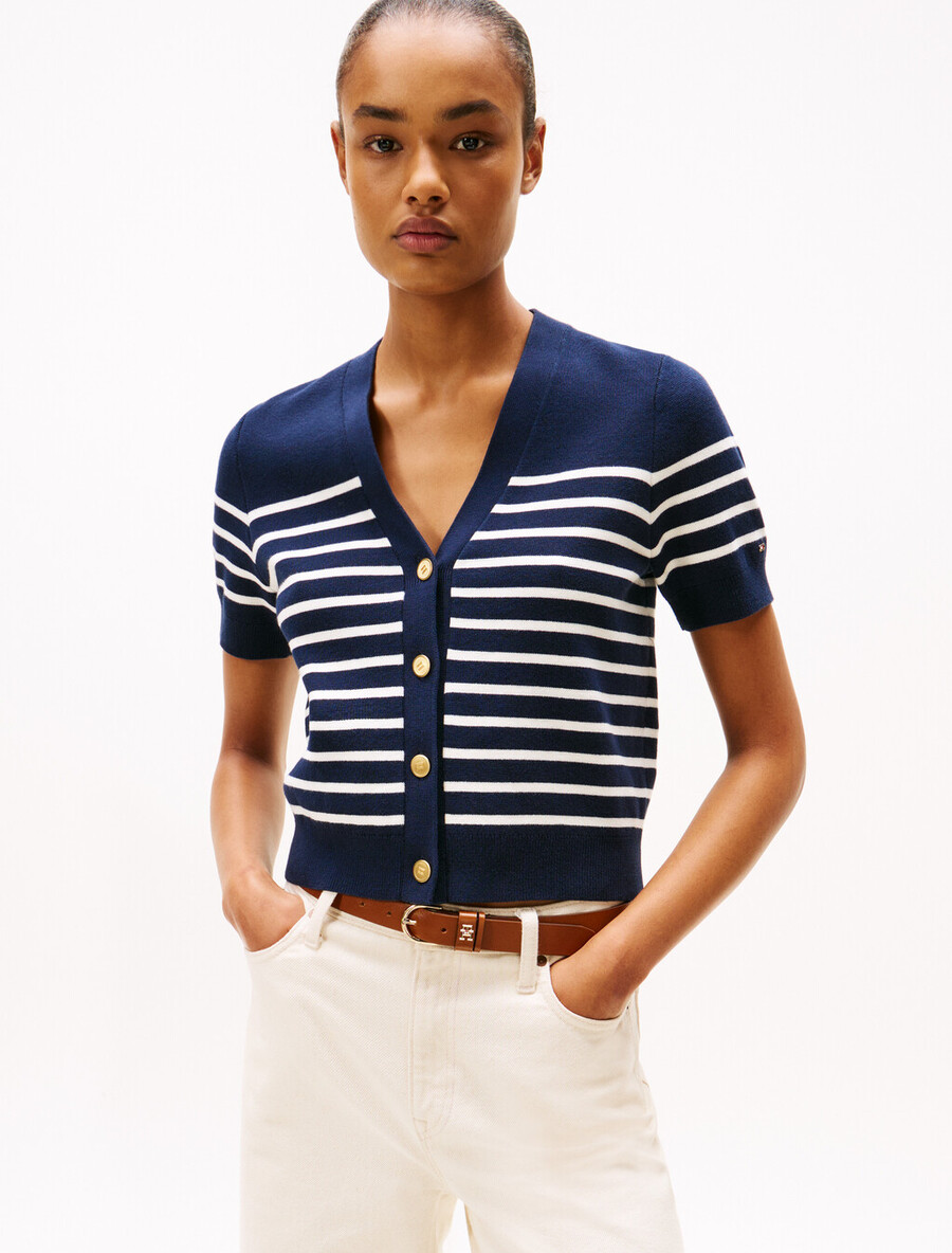 cardigan a maniche corte con bottoni color oro in jersey