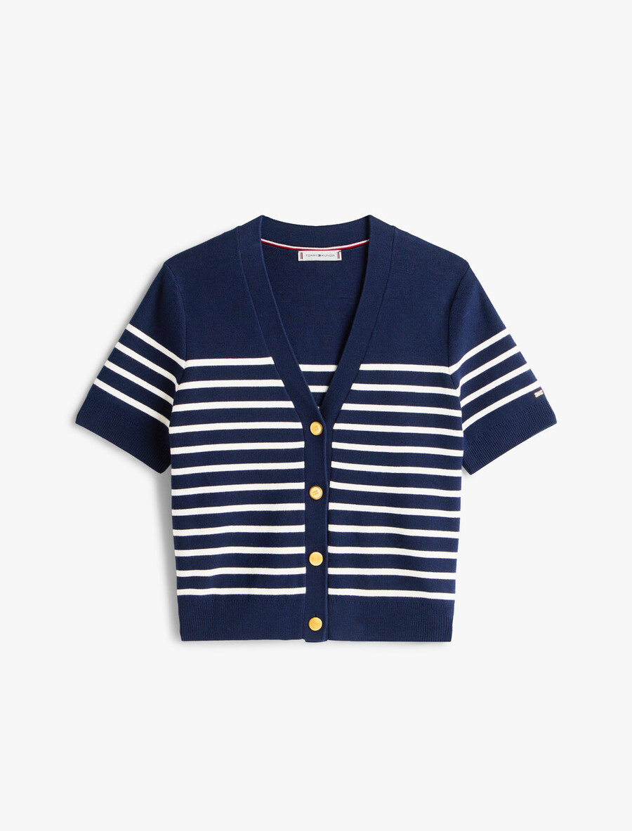 cardigan a maniche corte con bottoni color oro in jersey