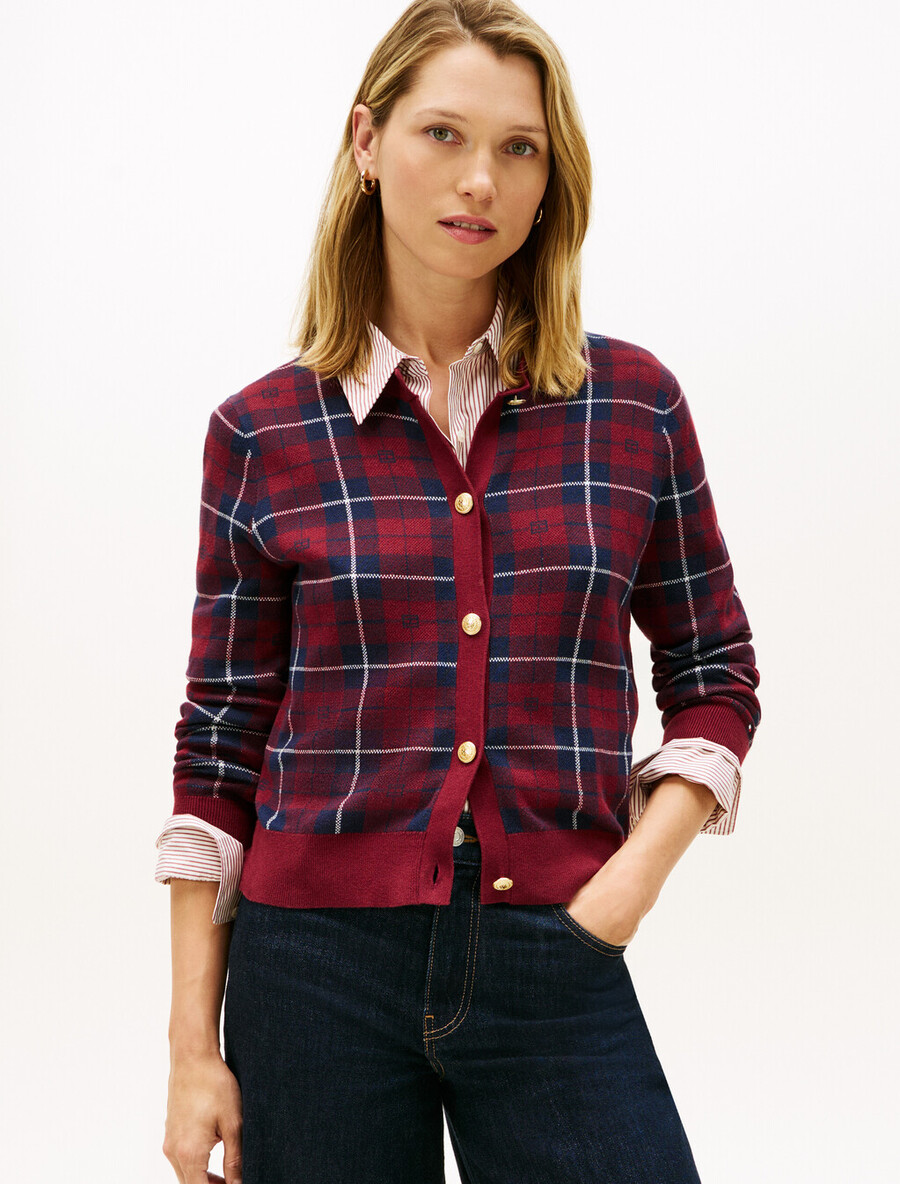 cardigan girocollo in jacquard con bandiera scozzese