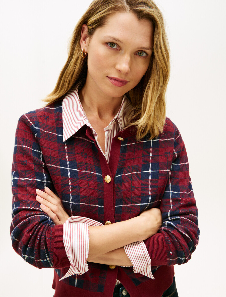 cardigan girocollo in jacquard con bandiera scozzese