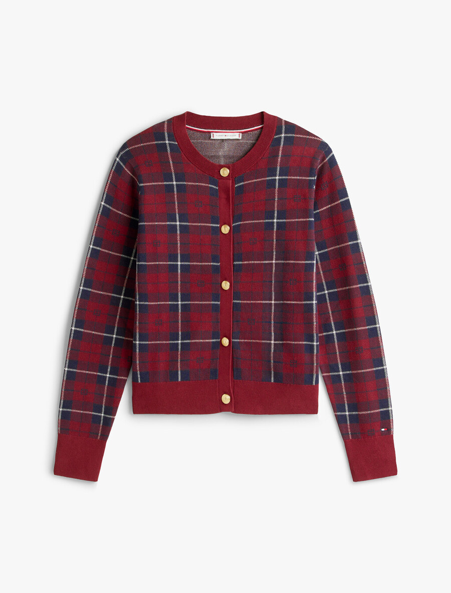 cardigan girocollo in jacquard con bandiera scozzese