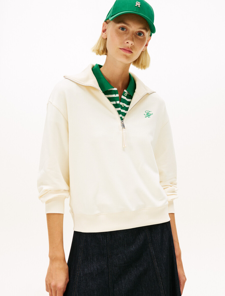maglione con mezza zip in spugna con ricamo del logo