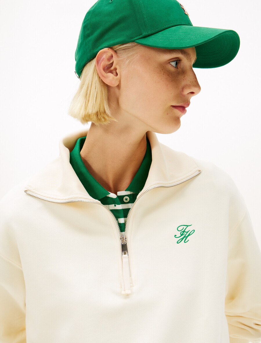 maglione con mezza zip in spugna con ricamo del logo