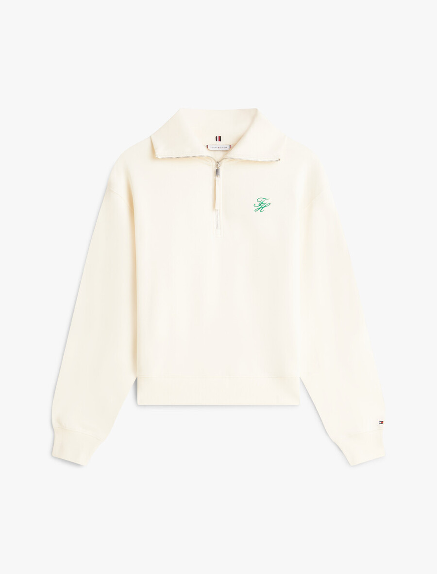 maglione con mezza zip in spugna con ricamo del logo