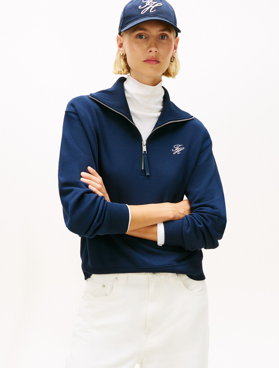 maglione con mezza zip in spugna con ricamo del logo