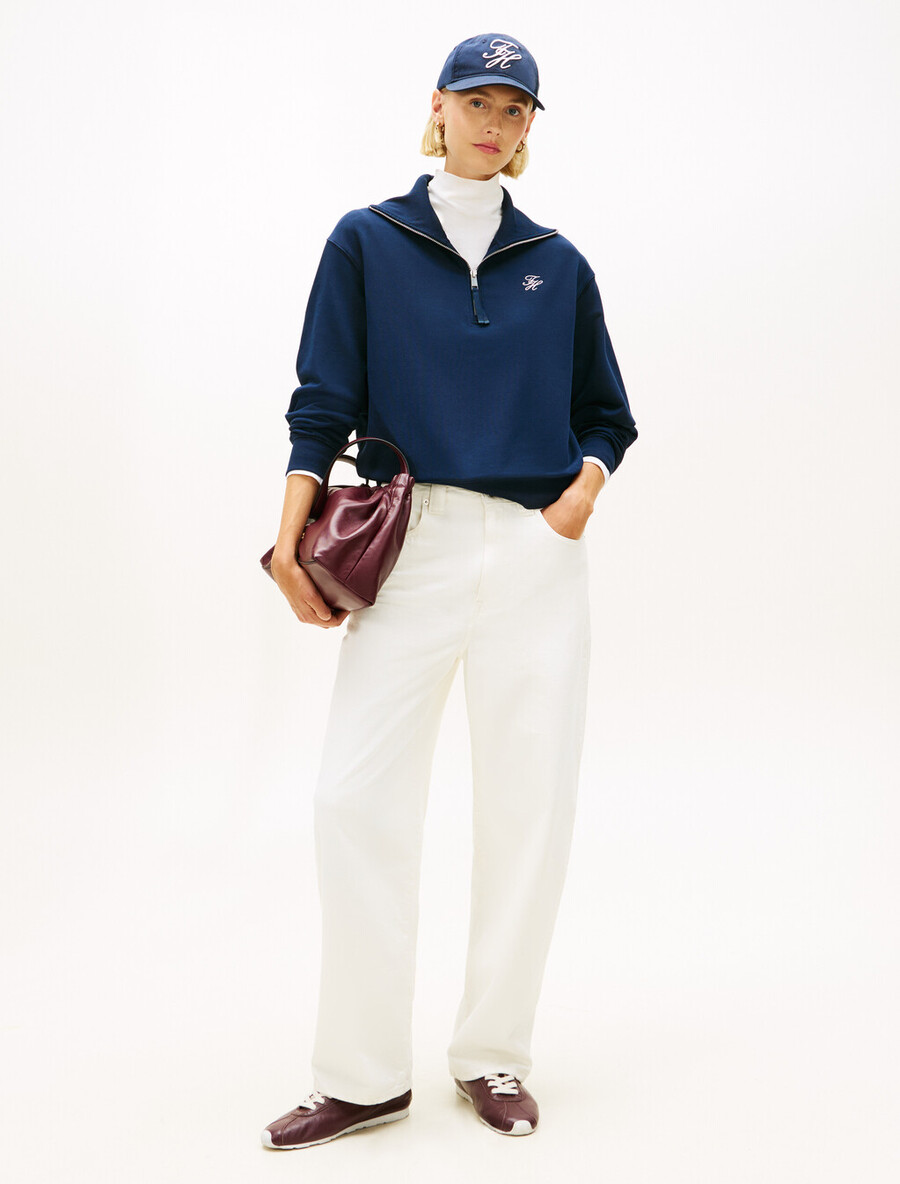maglione con mezza zip in spugna con ricamo del logo