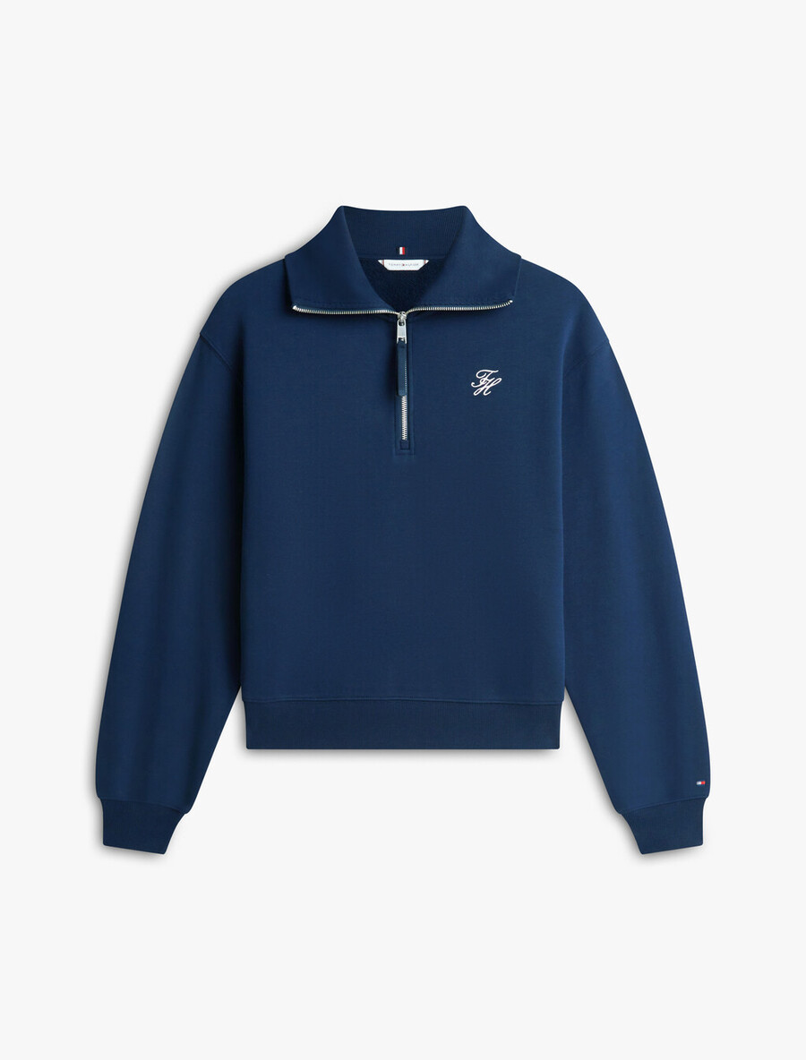 maglione con mezza zip in spugna con ricamo del logo