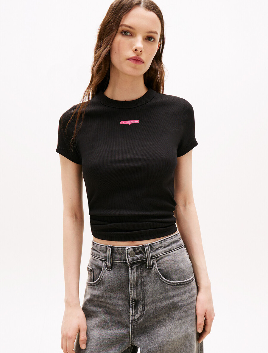 t-shirt in maglia a coste con logo script