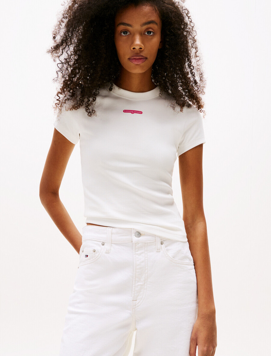 t-shirt in maglia a coste con logo script