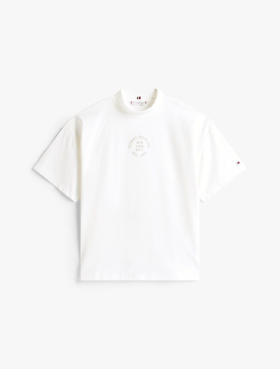 t-shirt a collo alto con stampa francobollo