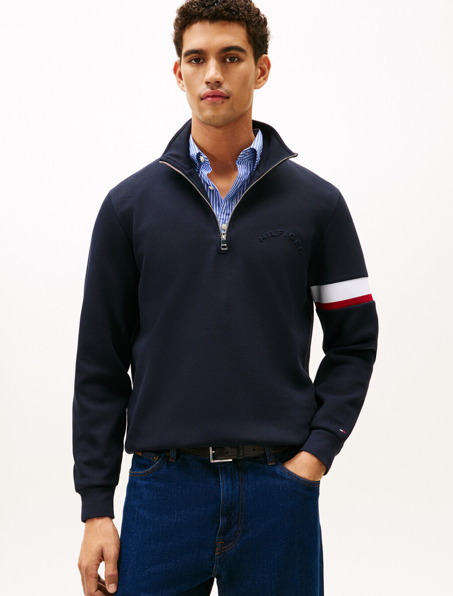 felpa in piquet di cotone con inserto a righe e mezza zip