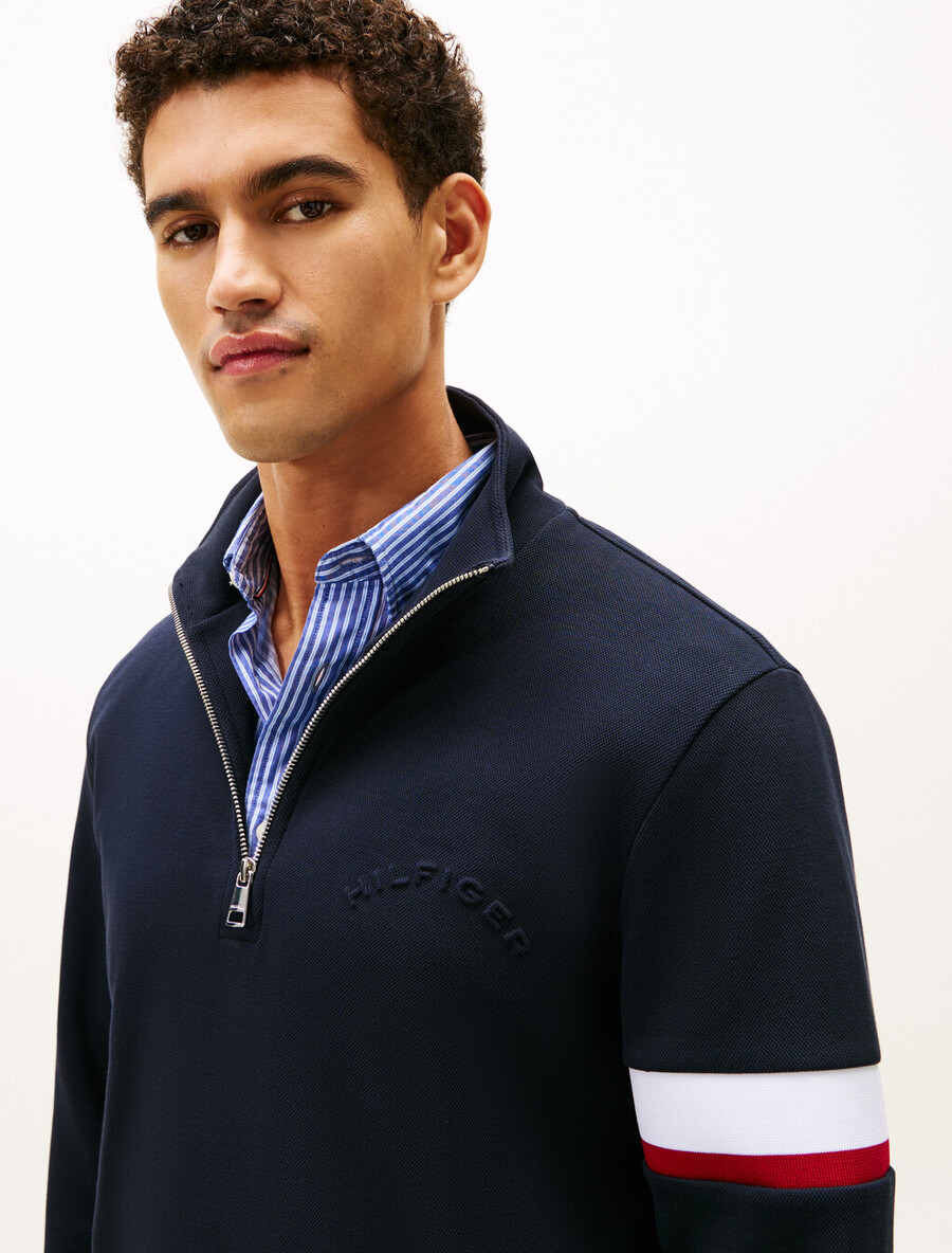 felpa in piquet di cotone con inserto a righe e mezza zip