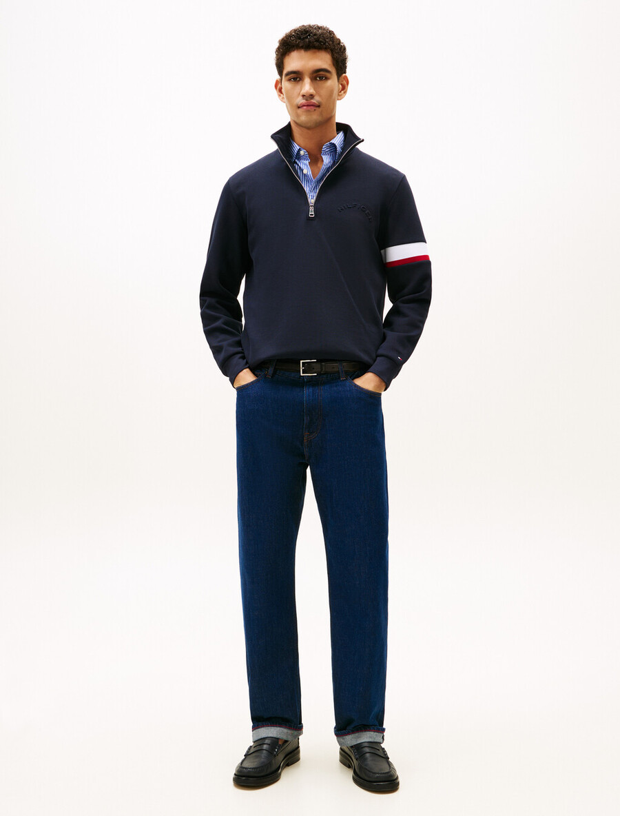 felpa in piquet di cotone con inserto a righe e mezza zip