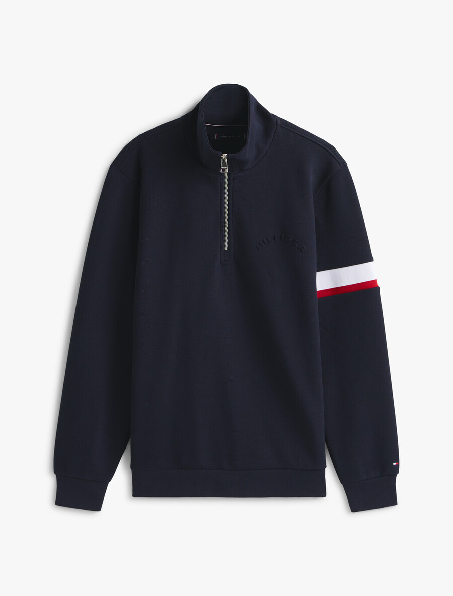 felpa in piquet di cotone con inserto a righe e mezza zip