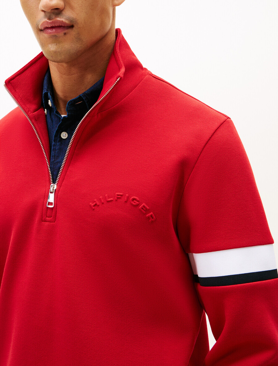 felpa in piquet di cotone con inserto a righe e mezza zip