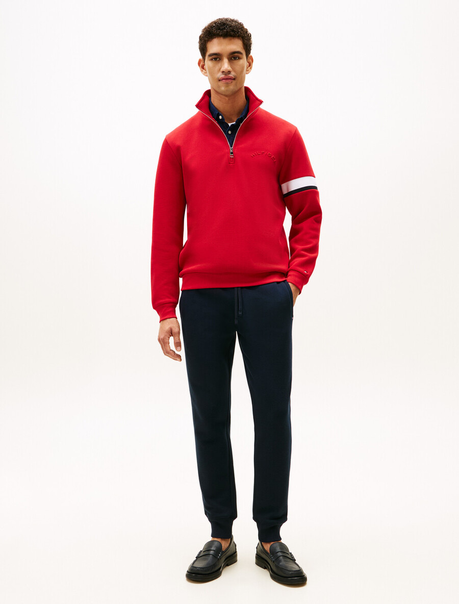 felpa in piquet di cotone con inserto a righe e mezza zip