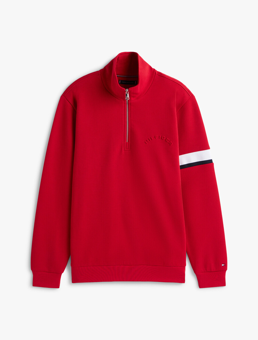 felpa in piquet di cotone con inserto a righe e mezza zip