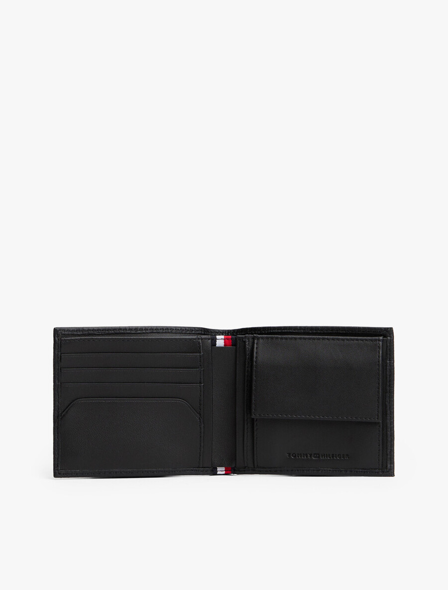 portafoglio bifold in pelle con bandiera hilfiger e portamonete